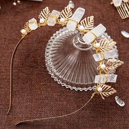 Hair Clips Luxury Natural White Crystal Crown Handmade Accessories Palm Leaf Pearl Bridal Tiaras Party Jewelry Gift Wedding Headbands