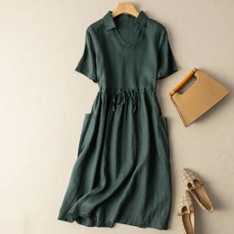 Casual Dresses Short-sleeved cotton and linen dress women's summer fashion pocket straps high waist drape literary loose casual shirt dress 230515