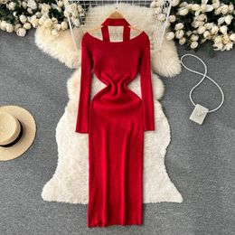 Casual Dresses Slim Halter Neck Sexy Autumn Bodycon Knitted Cotton Sweater Long Dress Winter Party Women Sheath Elegant Tunic Vestidos