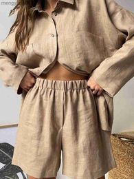 Women's Tracksuits Fashion Casual Women Two Pieces Sets Autumn New Solid Long Sleeve Shirts + Elastic Waist Shorts Suits Loose Cotton Linen Outfits T230515