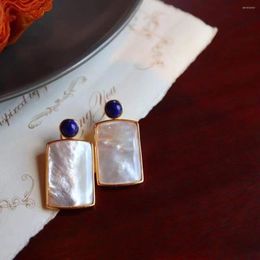 Dangle Earrings Temperament 925 Silver Plated 24K Gold For Women Square Lapis Lazuli Daily Commuting Ear Pendants Jewellery