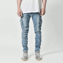 Men's Jeans Streetwear Fashion Men's Slim Spring Summer Solid Color Patch Pockets Denim Cargo Pants Men Vintage Pleated Jean Trousers