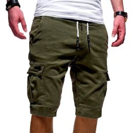 QNPQYX New Men's Knee Length Solid Colour Sport Cargo Shorts Men Black Green Casual Cotton Loose Shorts Male Thin Short Trousers