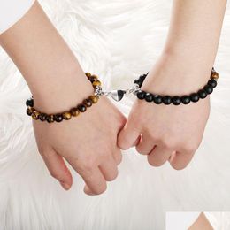 Beaded 2Pcs Set Creative Magnet Attract Couple Charm Strand Bracelets Good Friend Lover 8Mm Natural Stone Beads Crown Stretc Dhgarden Dhegc