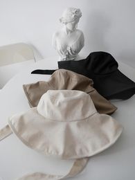 Wide Brim Hats &Dolphin Women Sun Hat Designer Japanese Unisex Black Khaki Big Eaves Cotton Linen Bandage Ribbon Fisherman UV Cut Basin Cap