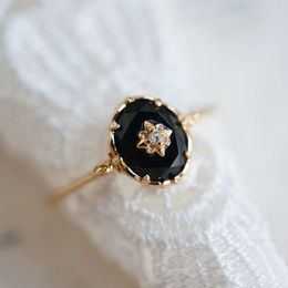 Solitaire Ring LAMOON Natural Black Agate Ring Women's Gem Ring 925 Sterling Silver Gold Vimel Exquisite Jewelry Vintage Elegant Bijou 230512