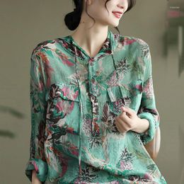 Women's Blouses Retro Literary Floral Print Blouse Drawstring Hooded Top Women's Long-sleeve 2023 Spring Summer Thin Silk Linen Shirt