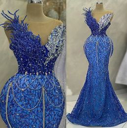 2023 May Aso Ebi Blue Mermaid Prom Dress Beaded Crystals Evening Formal Party Second Reception Birthday Engagement Gowns Dress Robe De Soiree ZJ261