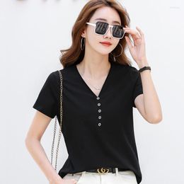 Women's T Shirts V Neck Tshirts Button For Women Summer Tops 2023 Boutique Clothes Short Sleeve Shirt Korean Style Female Tees Casual Cotton