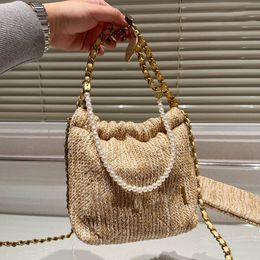 Gold Coin Pearl Portable Women Mini Crossbody Bag Straw Woven Quilted With Coin Purse Vintage Shoulder Bag Designer Wallet Binding Luxury Handbag Clutch Pochette