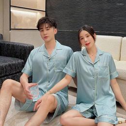 Women's Sleepwear 2023 Summer Couple 2PCS M-3XL Short Sleeve Shorts Pyjamas Suit Ice Silk Loose Home Pijamas Lovers Print Nightwear