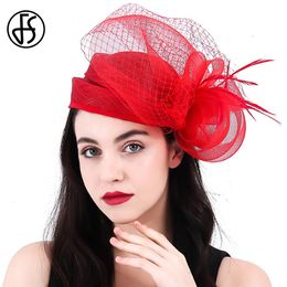 Berets FS Bride Wedding Red Hat Women's Cocktail Party Charm Sinamay Feather Veil Headdress Elegant Hat 230512