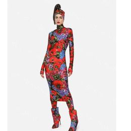 23ss summer dresses women dress womens designer clothing Temperament red and blue flower print dress with high neck and long sleeve High quality womens clothing a1