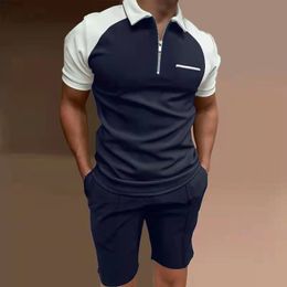 Men's Tracksuits Men's Tracksuit Polo Shirt Suit Casual Streetwear Patchwork Zipper Short Sleeve Polo Shirt Shorts Breathable 2 Piece Set S-4XL 230515