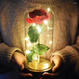 Decorative Flowers Led Light Red Rose In Glass Dome Silk Sesame Flower Lights On Wooden Base For Valentine's Day Birthday Gift Decor