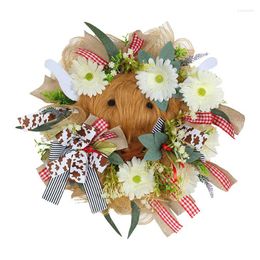 Decorative Flowers Highland Cattle Cow Wreath Artificial Head Garland Ornament Christmas Gift Home Door Decor For All Seasons