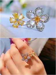 Cluster Rings Yellow Crystal Zircond Diamonds Double Flowers Open For Women White Gold Colour Fine Jewellery Chic Trendy Ins Accessory Gift