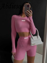 Women's Two Piece Pants Abdieso 2023 spring ribber mesh casual sweater female shorts set fashion long sleeve tops and mini shorts two piece sets P230515