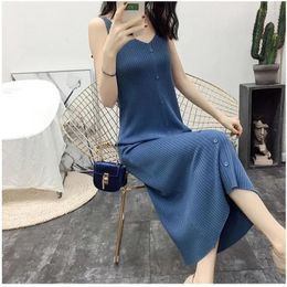 Casual Dresses Knitted Dress Icy Silk V-neck Sleeveless Strap Female Summer Korean Loose Mid-length Tunic Vest Buttons