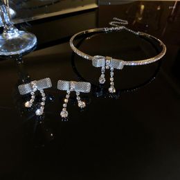 Necklace Earrings Set DREJEW Korean Full Rhinestone Bow Pendant For Women Girls Trendy Exquisite Zircon Choker Jewellery Accessories