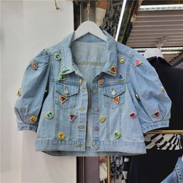 Women's Jackets Spring Summer Women Diamond Denim Jacket Light Blue High Waist Short Coat Puff Sleeve Jeans Coat Female Students Basic Coat 230515