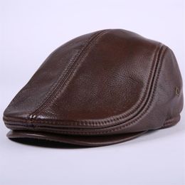 Cowhide Genuine Leather newsboy cap middle aged and old man vintage flat cap ear protection beret hat269a