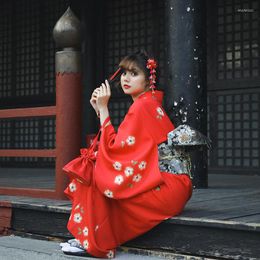 Ethnic Clothing Japanese Women's Yukata Traditional Kimono Robe Pography Dress Cosplay Costume Red Color Flower Prints Vintage Clothin