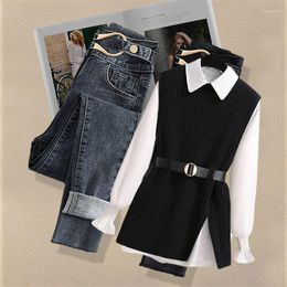 Women's Two Piece Pants Women's Casual Suit 2023 Autumn/Winter Fashion Loose Shirt Knitted Sweater Vest Jeans Three-piece Korean Elegant