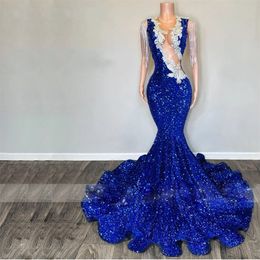 Shiny Royal Blue Mermaid Prom Dresses Beading Tassel Sequin Special Occasion Dress Cut-out Front Vestidos De Fiesta