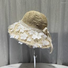 Berets Japanese Lace Flower Bow Straw Hat Female Summer Shade Fisherman Travel Sunscreen Beach Crochet Sun