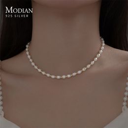 Pendant Necklaces MODIAN Real 925 Sterling Silver Natural Freshwater Pearl Charm Necklace Short Chain Necklace Jewellery Wedding Accessories 230512