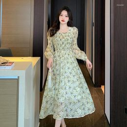 Casual Dresses Spring Party Brought French Long-sleeved Elastic Waist Broken Beautiful Temperament Dress