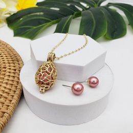 Necklace Earrings Set Fashion Wish Freshwater Pearl Filigree Teardrop Brass Openable Cage Pendant And