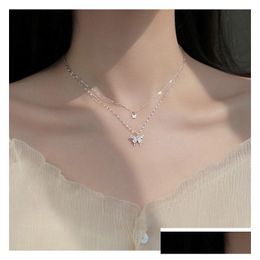 Pendant Necklaces Sier Shiny Butterfly Tassel Necklace Female Exquisite Double Layer Clavicle Chain Party Jewellery Dr Dhgarden Dh0Mz