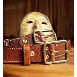 Belts Italian Full Grain Belt Men's Casual Vintage Contrast Sewing Handcrafted Solid Copper Buckle Men Jeans Fashion Work