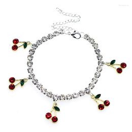 Link Bracelets Korean Red Cherry Crystal Pendant Cute Rhinestone Bracelet Tennis Chain Anklet Summer Beach Cuban Boho Foot Jewelry