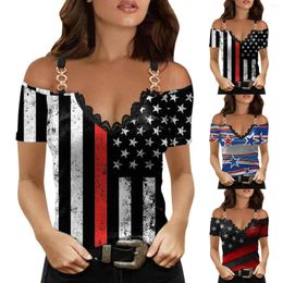 Women's T Shirts Trendy Shirt For Women Chain Strap Off Shoulder Blouse Ladies Independence Day Print Short Sleeve Streetwear Tops 2023