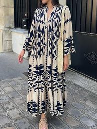 Casual Dresses Women Vintage Print Maxi Dresses 2023 Summer V-Neck Long Sleeve Pleated Long Dresses Female Boho Beach Shirt Dress Casual Robe P230515