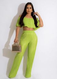 Women's Two Piece Pants Streetwear Pleated Women's Set Butterfly Sleeve Crop Top And Straight Suit 2 Outfit Tracksuit