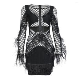 Casual Dresses Black Mesh Feathers Long Sleeve Bodycon Sexy Bandage Dress Evening Party Transparent Night Club Ladiess