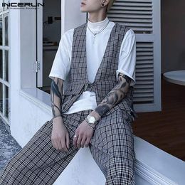 Mens Tracksuits Men Plaid Sets Streetwear V Neck Sleeveless Vests Pants Two Pieces Loose Fashion Casual Suits S5XL INCERUN 230512