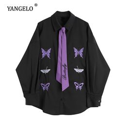 Women's Blouses & Shirts Womens Blouse Gothic Black Autumn Long Sleeve Butterfly Embroidery Harajuku Streetwear Casual Loose Turn Down Colla