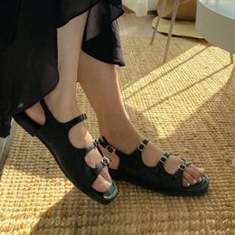 Sandals Designer Buckle Strappy Sandals Woman Flat Sandalias Summer Shoes Office Sandals Square Toe Pu Leather Slides Flips Flops 230515