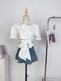 Work Dresses Summer Women Y2K Streetwear Outfits 2 Piece Set Design Crop Tops Shirt Mini Denim Skirts Korean Fashion Gyaru 2000s Aesthetic