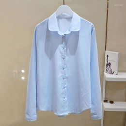 Women's Blouses Pure Cotton Blue White Shirt Women Spring Autumn Button Up Korean Blouse Office Lapel Shirts Black Casual Top Chemise Femme