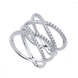 Cluster Rings Kolmnsta 925 Sterling Silver Ring Double Cross Wedding Band Cubic Zirconia Classic Multi Layer Women Finger Jewellery