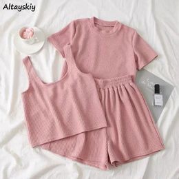 Women's Two Piece Pants 3 Piece Sets Women Pocket Casual Tank T-shirt Shorts Sporty Summer Slim Fashion Simple High Elastic Daily Basic Korean Style 230515