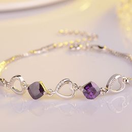 Charm Bracelets Heart Connected Women Fine Real Silver Double Bracelet Colour Original Jewellery Purple Stone ZirconCharm