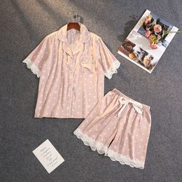 Women's Sleepwear Summer Pyjamas Women's Ice Silk Thin Sexy Lace Short-sleeved Shorts Suit Pyjamas 230515