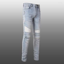 Men's Jeans Quality Ripped Skinny Trouser Men Contrast Color Pleated Patch Denim Jean Streetwear Patchwork Stretch Pants Noir Homme